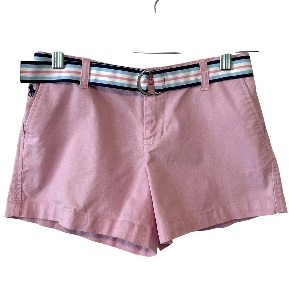 Polo Ralph Lauren Girl's Pink Cotton Blend Chino Shorts Striped Belt Size 12